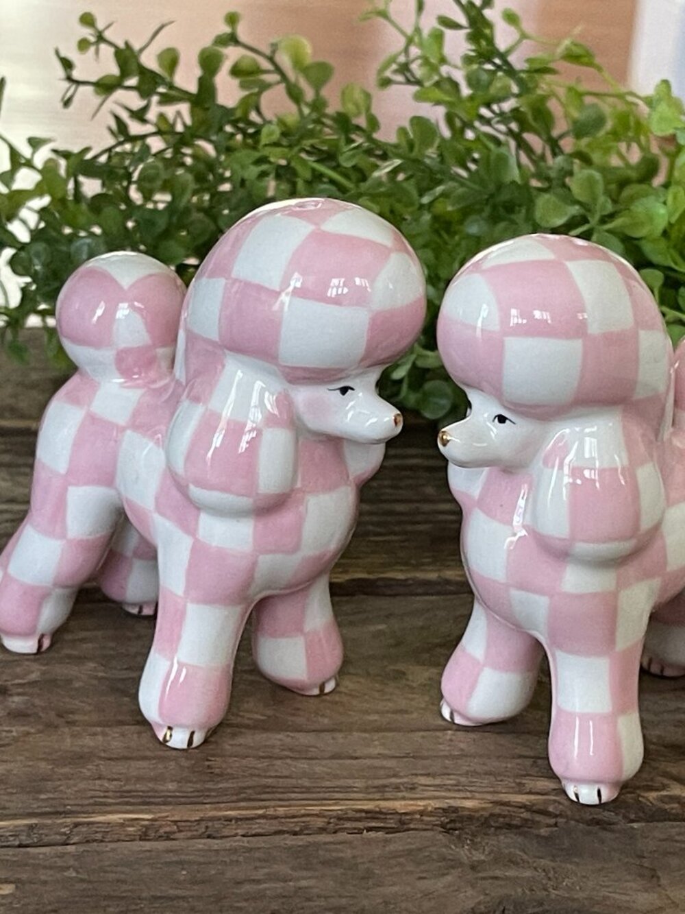 MacKenzie-Childs Rosy Check Poodle Salt Pepper Set-NEW-Theme: pink poodle parlor